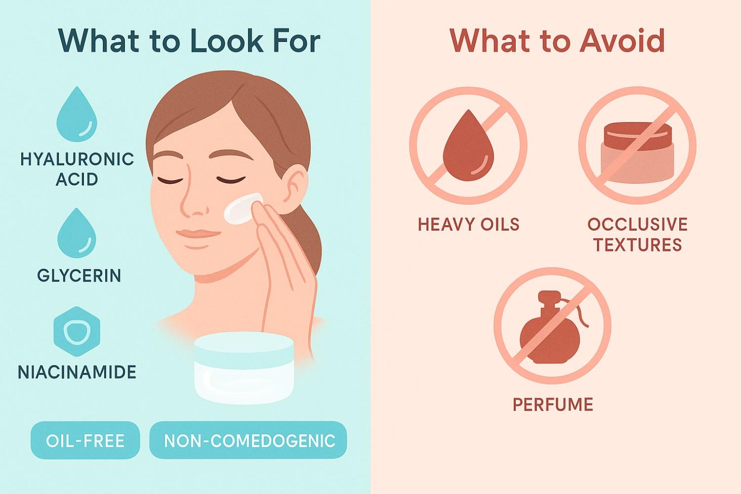 Split-screen infographic showing recommended ingredients and what to avoid in moisturizers for combination skin
