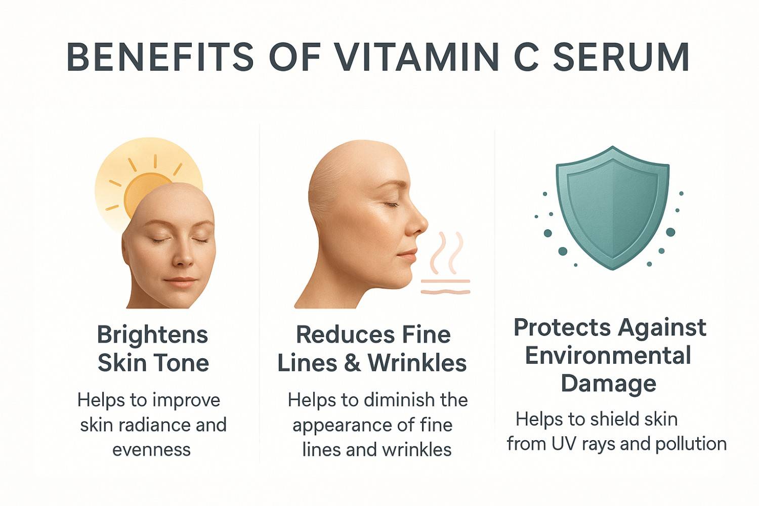 Infographic showing three benefits of Vitamin C serum: brightens skin tone with glowing face icon, reduces fine lines and wrinkles with smooth skin profile, and protects against environmental damage with shield icon.