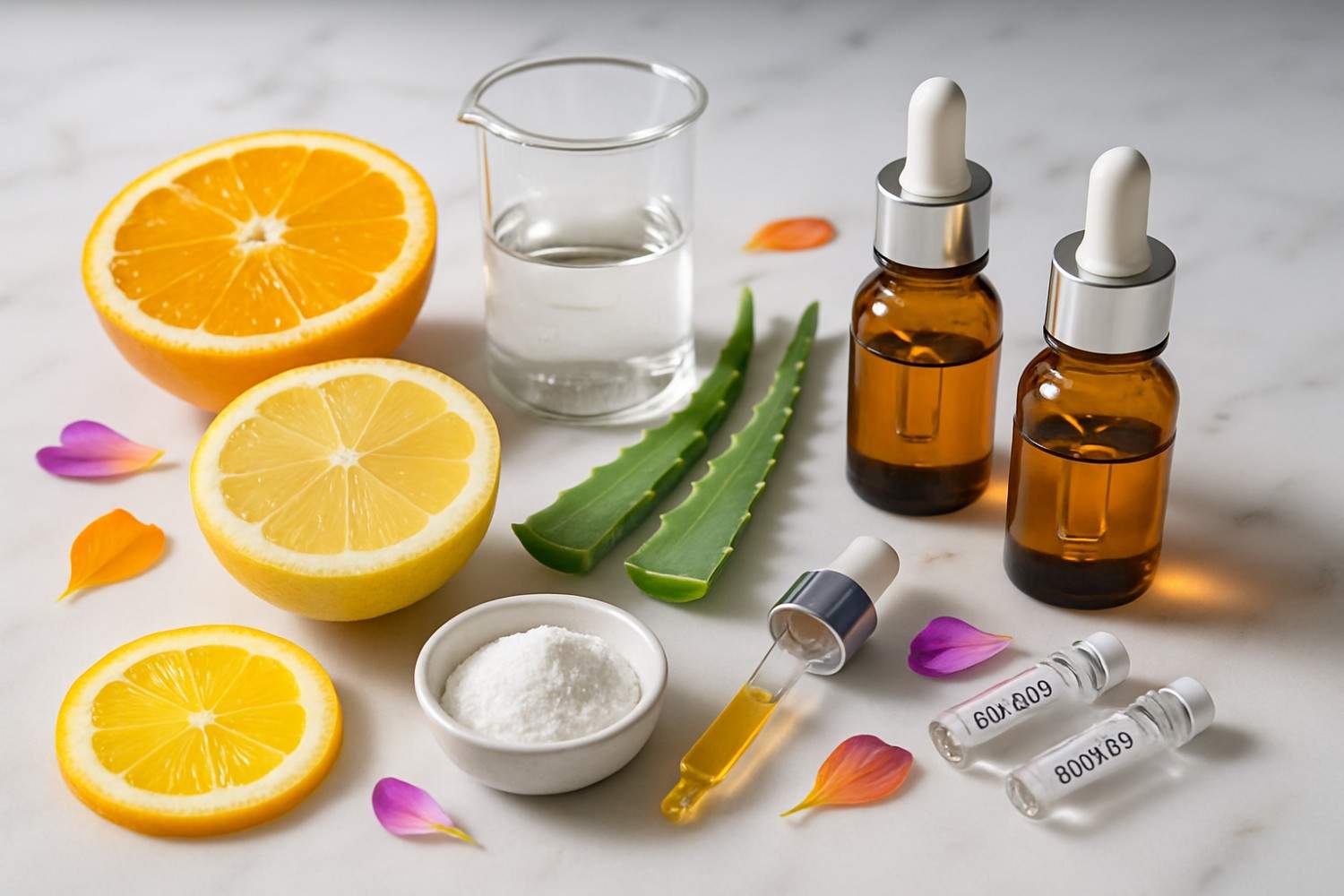 Flat lay of glow serum ingredients including vitamin C, niacinamide, aloe, alpha arbutin, peptides, and flower petals on marble.