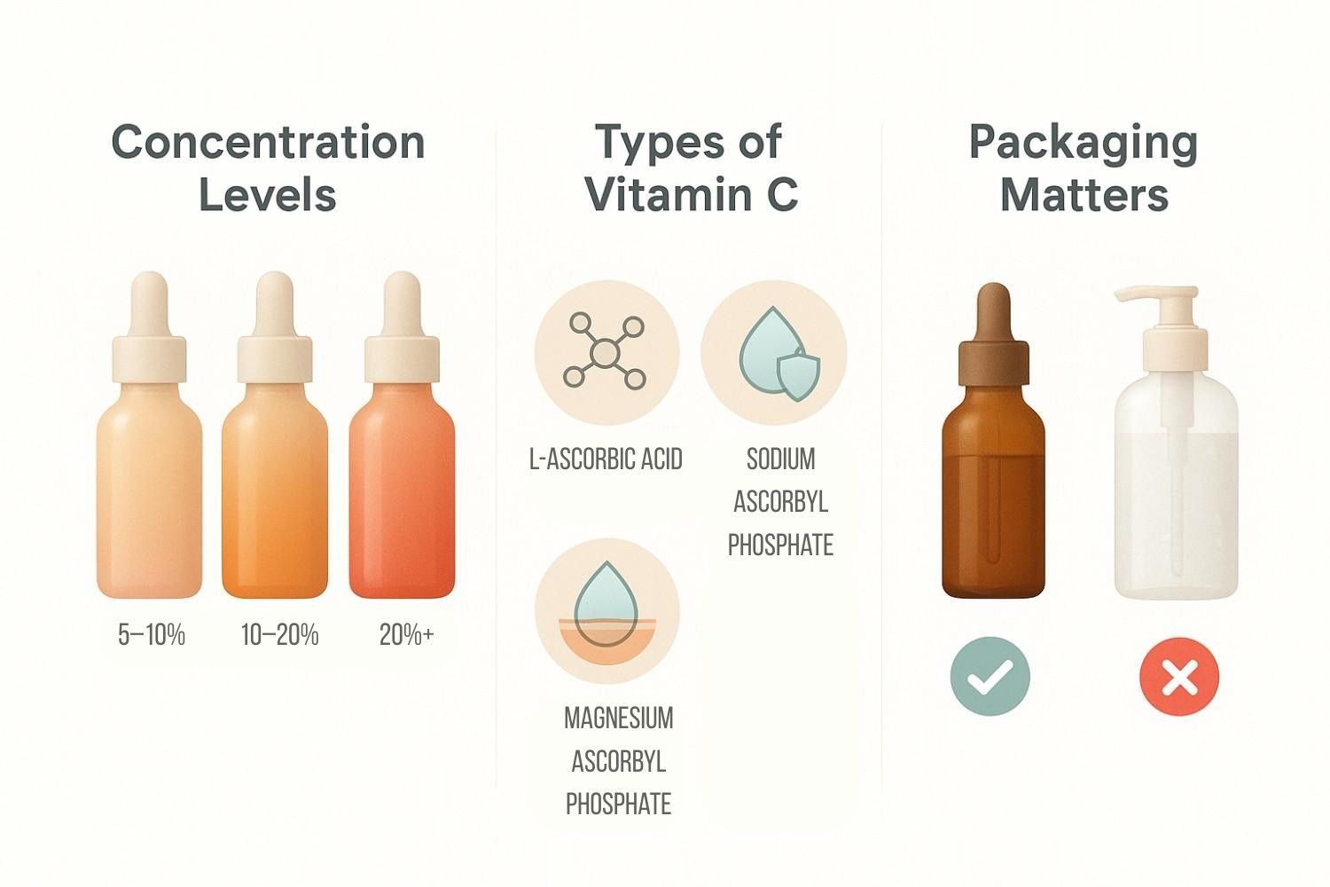 Infographic illustrating Vitamin C serum tips: concentration levels with dropper bottles (5–10%, 10–20%, 20%+), types of Vitamin C derivatives with icons, and correct packaging showing amber bottle as best option.