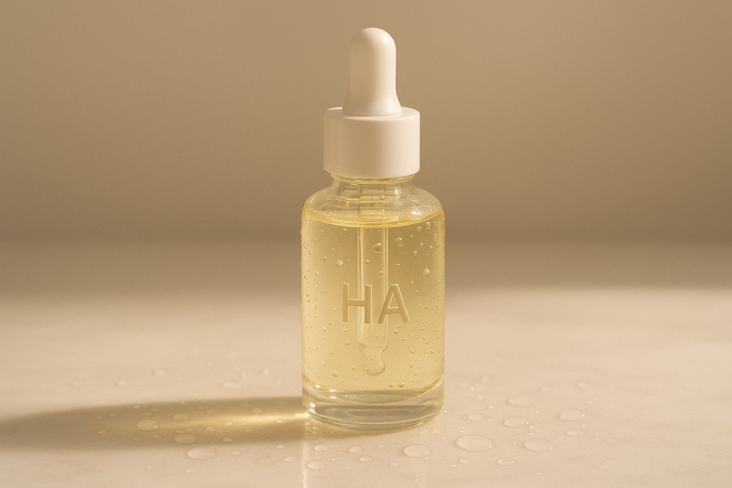 Glass dropper bottle of hyaluronic acid serum labeled HA on a reflective surface with water droplets, minimalist neutral background, modern skincare product photo.
