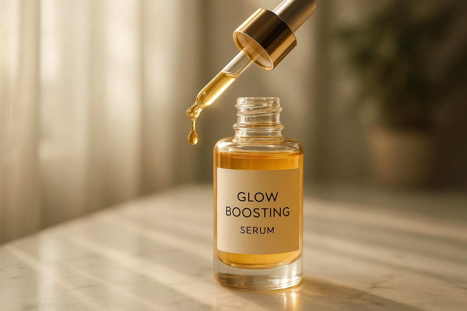 Close-up of a luxury glow-boosting serum bottle on marble with a dropper releasing a golden droplet, soft morning light, and blurred green plant background