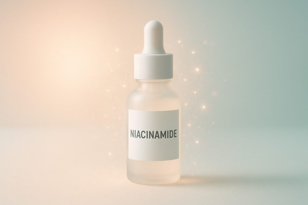 Minimalist serum bottle labeled “Niacinamide” on a soft peach-to-teal background with glowing light particles.