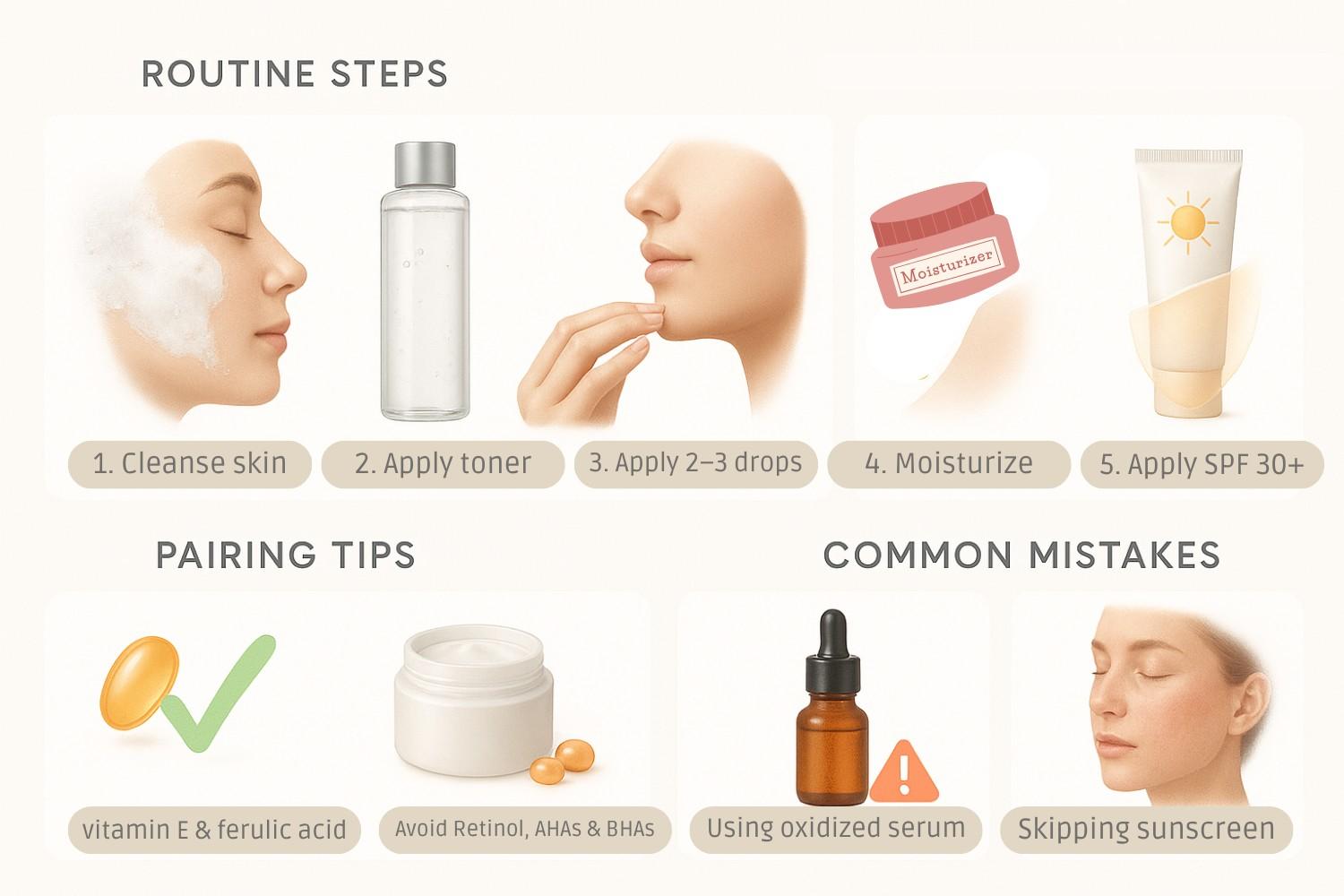 Infographic showing a daily skincare routine with five steps, ingredient pairing tips like vitamin C with vitamin E, and common mistakes such as oxidized serum and unprotected skin under UV rays.