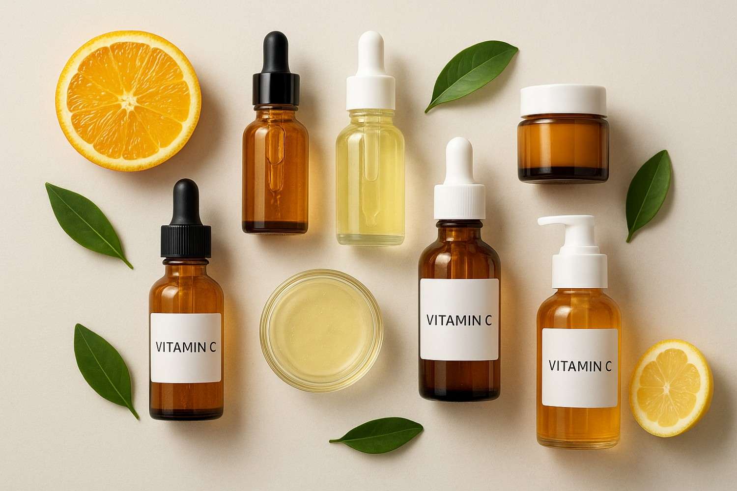 Flat lay of Vitamin C skincare products with dropper bottles, pump bottles, jars, citrus slices, and green leaves on a light background.