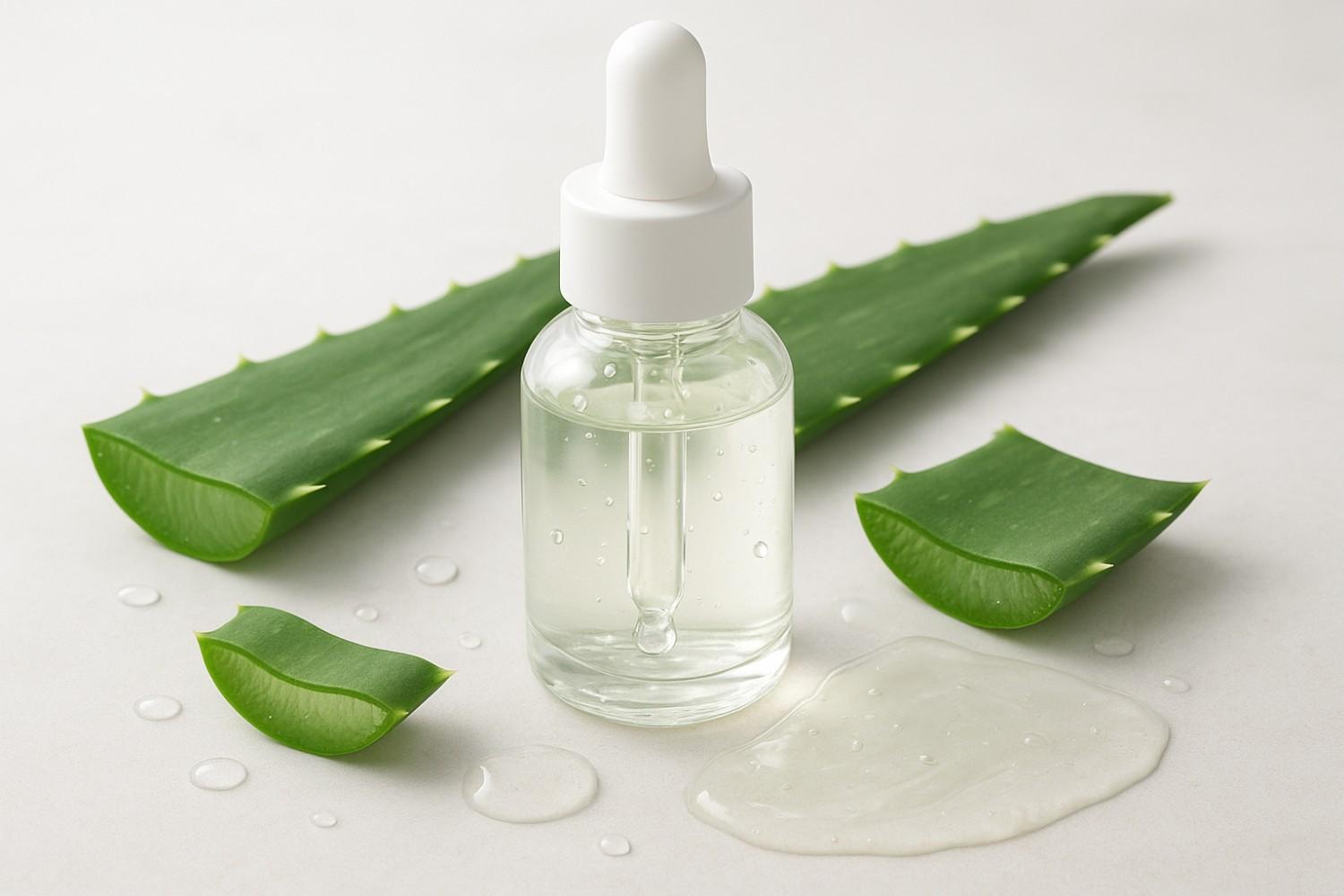Ultra-realistic aloe vera serum bottle with fresh aloe leaves and gel, symbolizing calming and hydrating skincare benefits