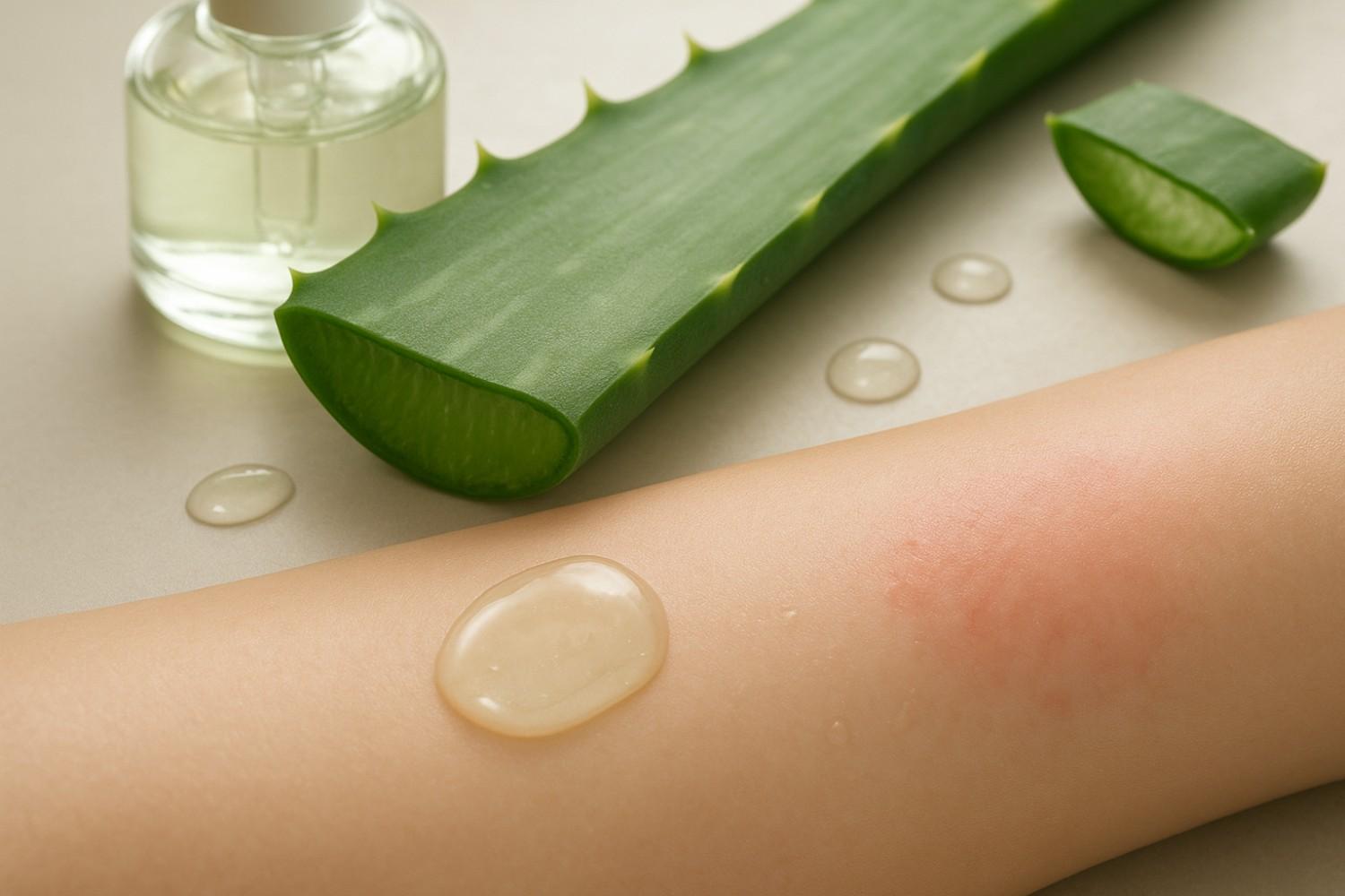 Ultra-realistic illustration of aloe vera leaves and serum droplets highlighting soothing, hydrating skincare benefits.
