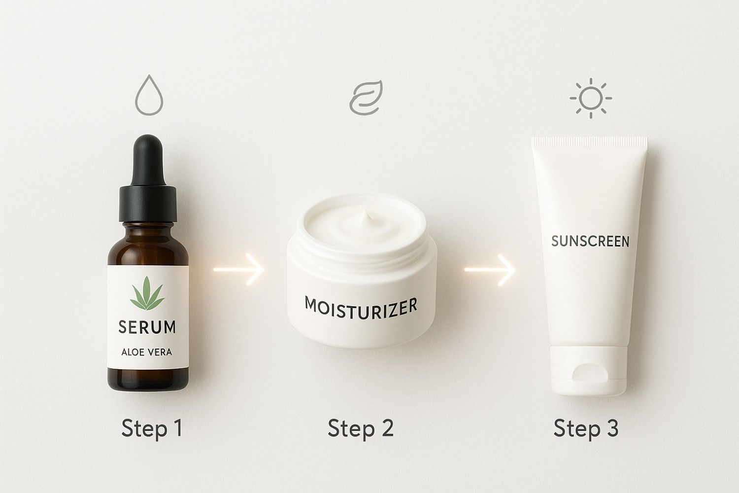 Ultra-realistic flat lay of aloe vera serum, moisturizer, and sunscreen with glowing arrows, step labels, and skincare icons on a clean white background.