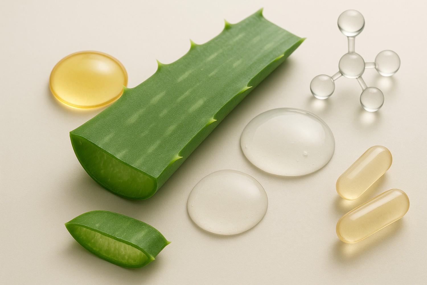 Ultra-realistic illustration of aloe vera, serum droplets, and active ingredients like Vitamin C, Niacinamide, and Peptides showing hydrating and soothing skincare benefits.