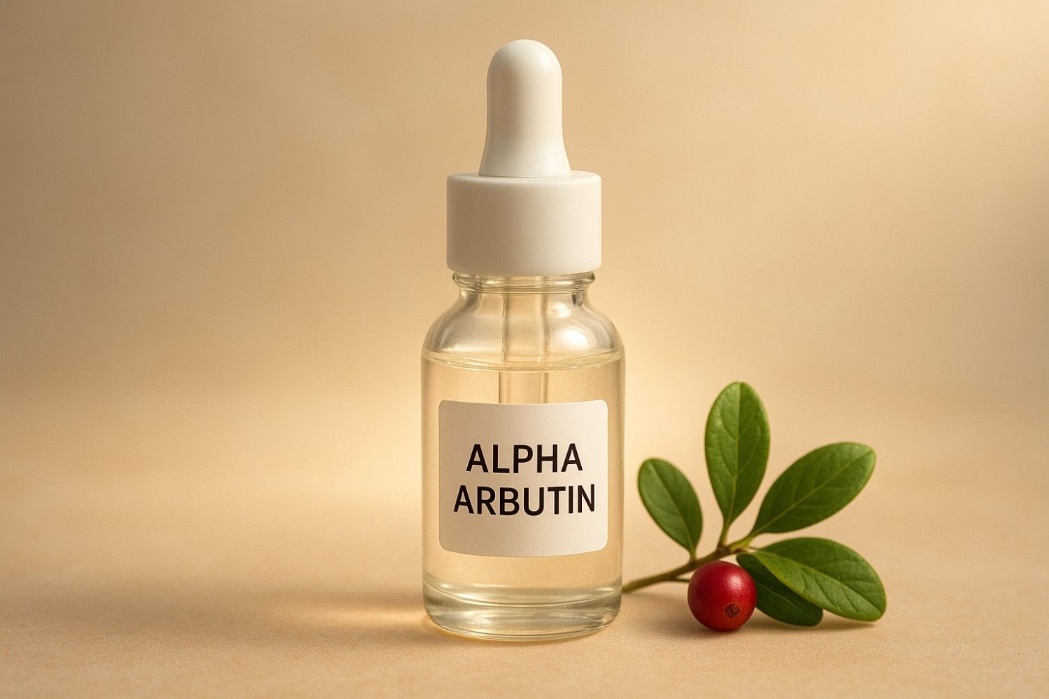 Clear glass bottle labeled “Alpha Arbutin” beside fresh bearberry leaves and berries on a soft neutral background.