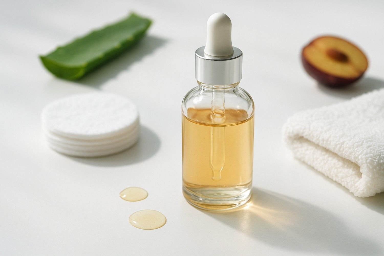 Glass glow serum bottle with dropper on a white surface surrounded by cotton pads, towel, aloe leaf, and plum slice.