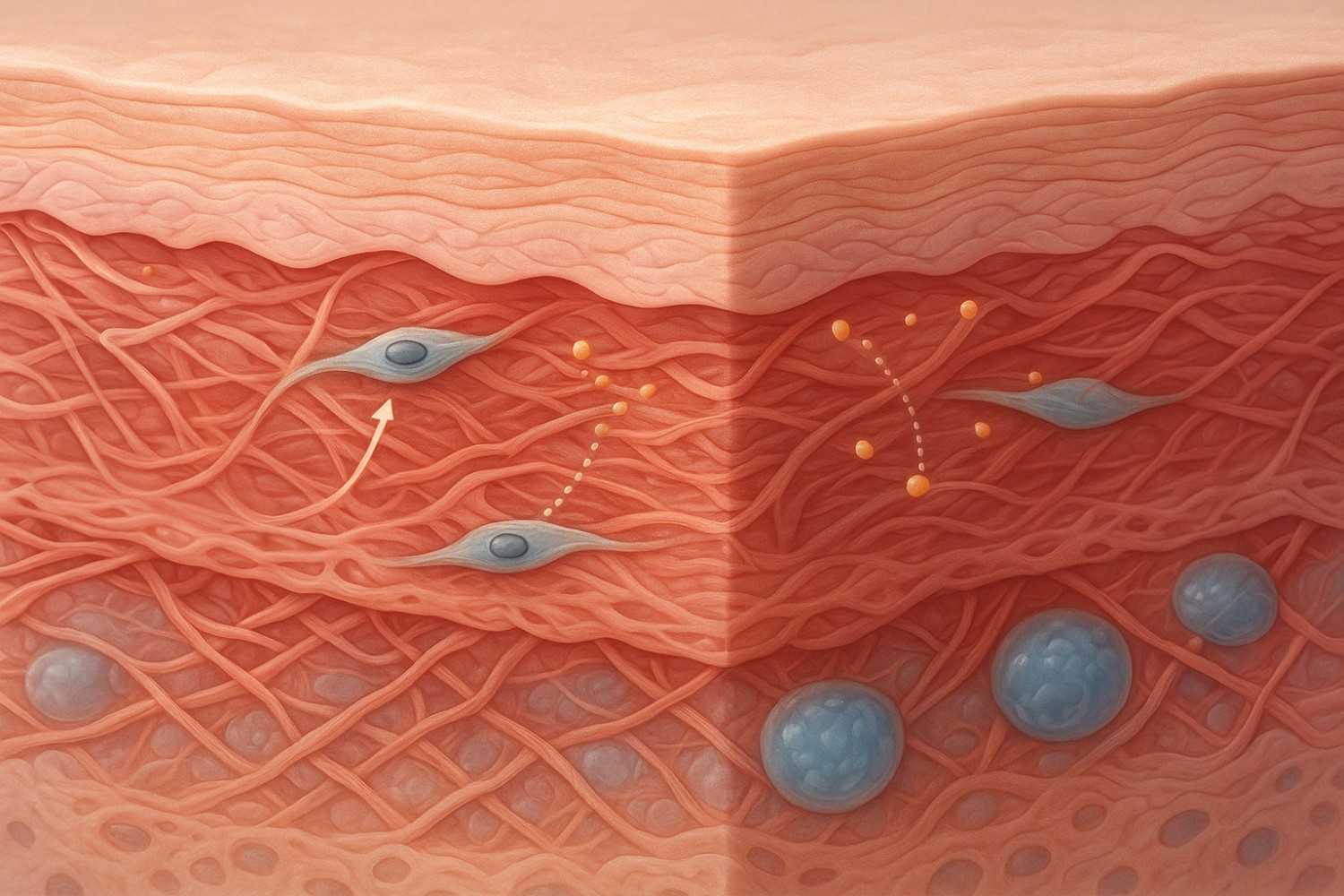 Ultra-realistic cross-section of human skin illustrating fibroblasts producing collagen, peptide molecules signaling to cells, hydrated smooth texture, and strengthened skin barrier.