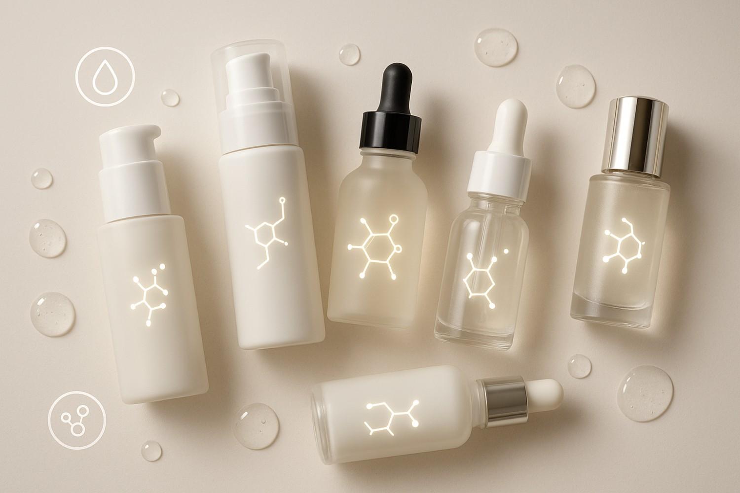 Flat lay of peptide serum bottles in pump, dispenser, and dropper packaging with glowing molecule icons and hydrating accents.