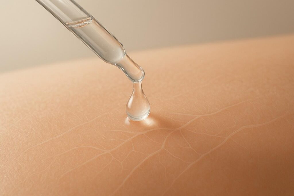 Clear serum drop from glass dropper on glowing skin, symbolizing peptides for firmness and repair