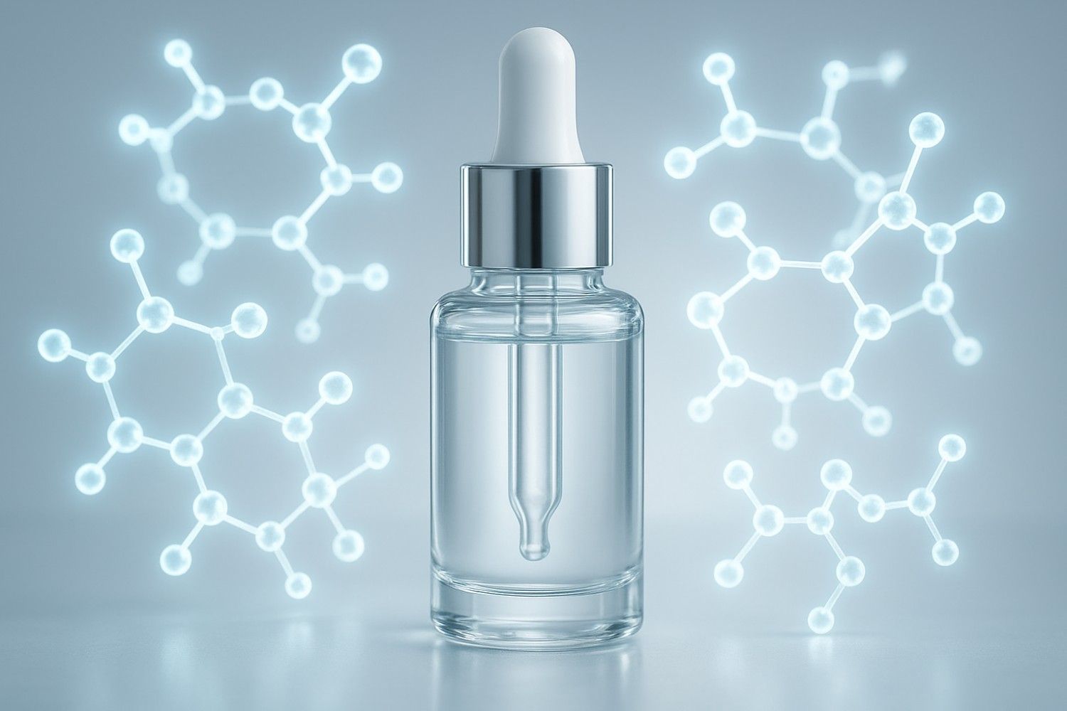 Ultrarealistic serum bottle surrounded by glowing peptide molecular chains on a clean minimal background.